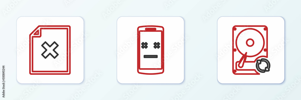 Set line Hard disk drive HDD sync refresh, Delete file document and Dead mobile icon. Vector Set line Hard disk drive HDD sync refresh, Delete file document and Dead mobile icon. Vector