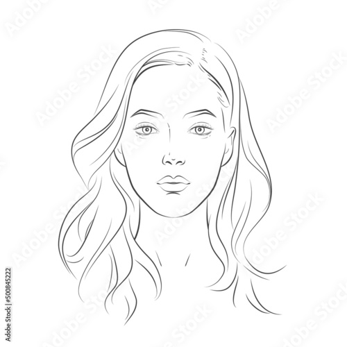 Woman face. Young beautiful girl with curly long wavy hair curls. Volume, haircut, hairdressing, hairstyle. Care and beauty. Vector Black and white line sketch front illustration portrait.