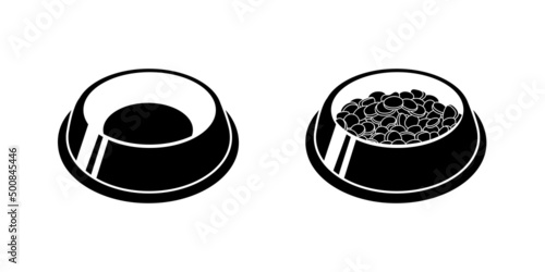 Bowl of food for feed dog and cat pet in simple style, vector illustration. Animal bowl silhouette for print and design. Isolated element on a white background. Graphic icon, snack pet symbol
