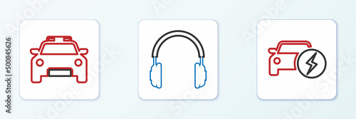 Set line Electric car, Police and flasher and Headphones icon. Vector