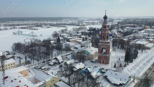 Aerial view of the Cathedral of the Archangel Michael and the bell tower in Bronnitsy in winter, Moscow region, Russia