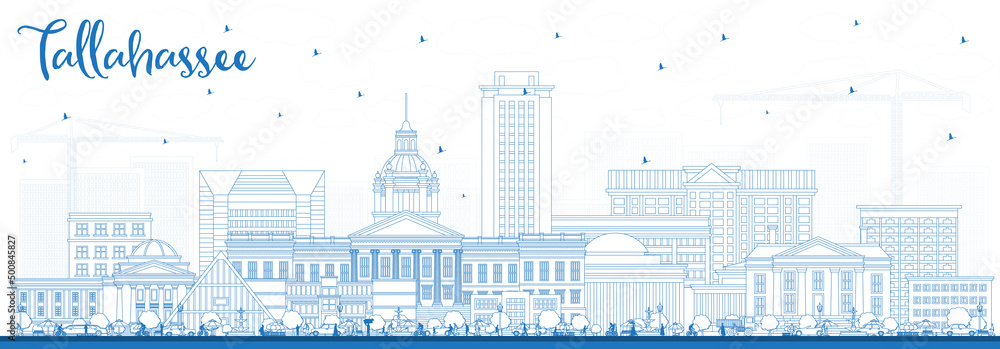 Outline Tallahassee Florida City Skyline with Blue Buildings.