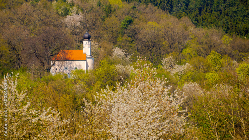 Beautiful small chapel with copper onion dome amidst white blooming mixed forest in early spring in Bavaria