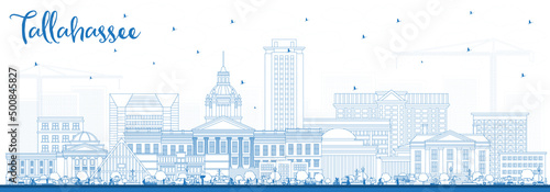 Outline Tallahassee Florida City Skyline with Blue Buildings.