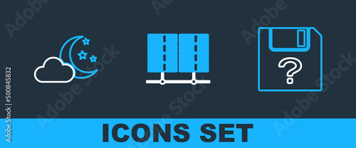 Set line Unknown document, Cloud with moon and stars and Server, Data, Web Hosting icon. Vector