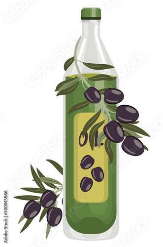 Olive oil bottle and branch