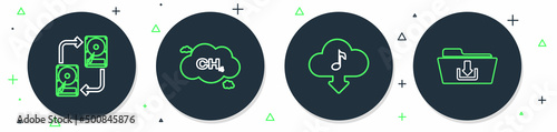 Set line Methane emissions reduction, Cloud download music, Data exchange with hhd and Folder icon. Vector