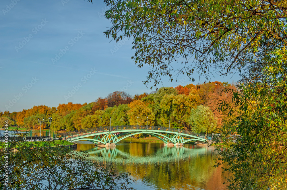 Bridge in autumn Park in the morning