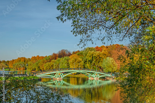 Bridge in autumn Park in the morning