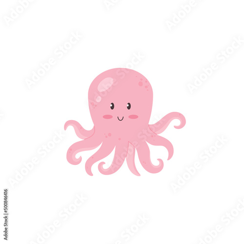 Funny Kawaii style octopus creature, flat cartoon vector illustration isolated.