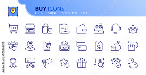 Simple set of outline icons about buy.