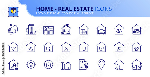 Simple set of outline icons about homes and real estate