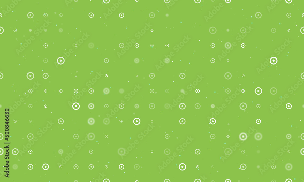Seamless background pattern of evenly spaced white astrological sun symbols of different sizes and opacity. Vector illustration on light green background with stars