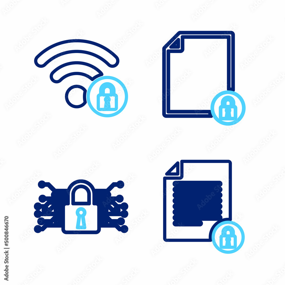 Set line Document and lock, Cyber security, and Wifi locked icon. Vector Set line Document and lock, Cyber security, and Wifi locked icon. Vector