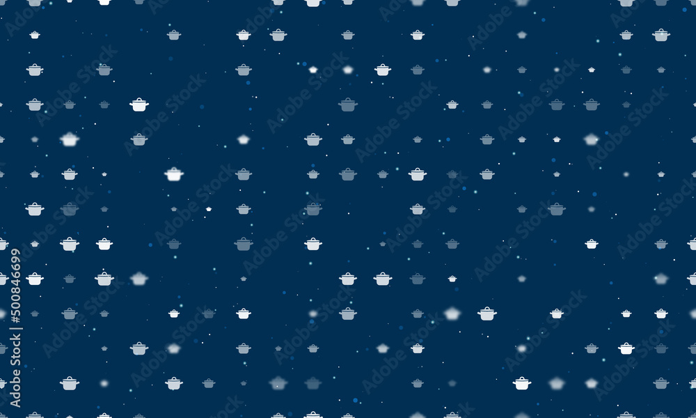 Seamless background pattern of evenly spaced white pot symbols of different sizes and opacity. Vector illustration on dark blue background with stars