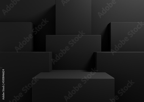 Black, dark gray, black and white 3D rendering simple, minimal background for product display podium, stand for presentation geometric backdrop mock up template wallpaper for beauty cosmetic products © Little River