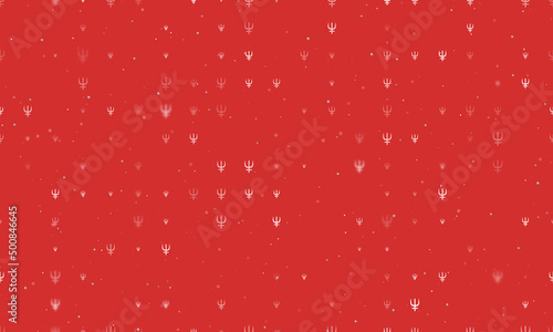 Seamless background pattern of evenly spaced white astrological neptune symbols of different sizes and opacity. Vector illustration on red background with stars