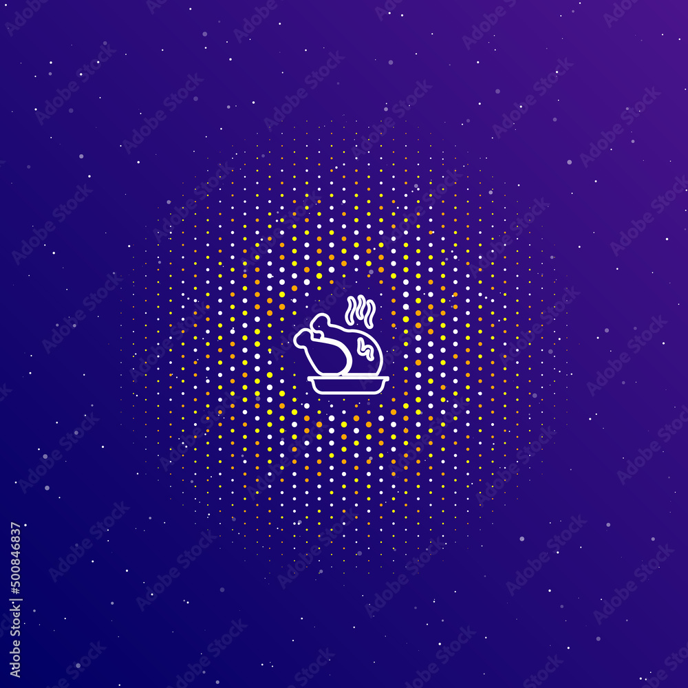 A large white contour roasted turkey in the center, surrounded by small dots. Dots of different colors in the shape of a ball. Vector illustration on dark blue gradient background with stars A large white contour roasted turkey in the center, surrounded by small dots. Dots of different colors in the shape of a ball. Vector illustration on dark blue gradient background with stars