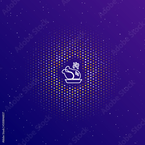A large white contour roasted turkey in the center, surrounded by small dots. Dots of different colors in the shape of a ball. Vector illustration on dark blue gradient background with stars