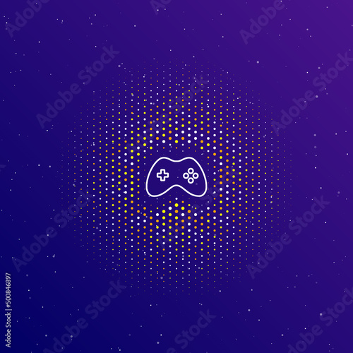 A large white contour joystick symbol in the center, surrounded by small dots. Dots of different colors in the shape of a ball. Vector illustration on dark blue gradient background with stars