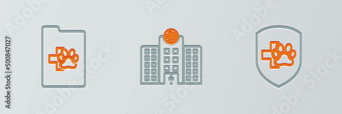 Set line Animal health insurance, Clinical record pet and Veterinary medicine hospital icon. Vector