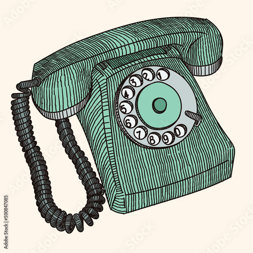 An old disused landline rotary telephone with a handset on a wire. The object is isolated on a beige background.