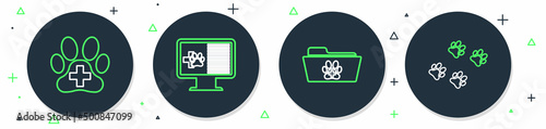 Set line Clinical record pet on monitor, Medical veterinary folder, Veterinary clinic and Paw print icon. Vector