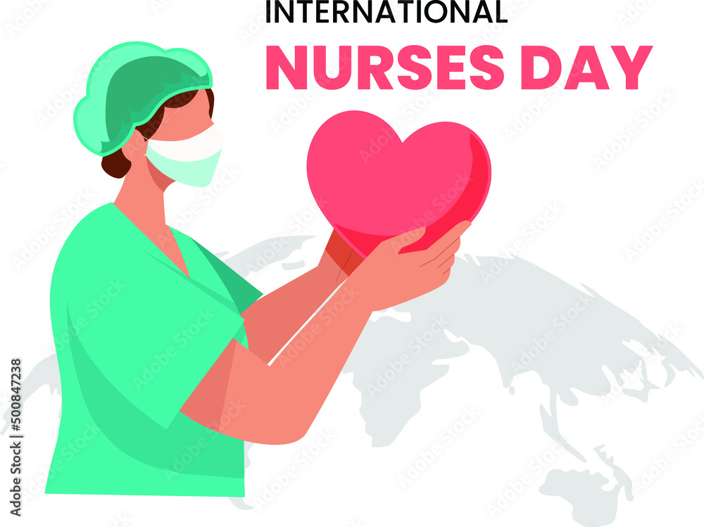 Nurse hold love icon when international nurses day on globe background.  Flat vector illustration isolated. vector de Stock