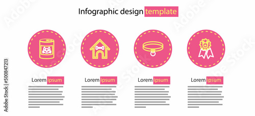 Set line Collar, Dog award symbol, house and bone and Canned food for cat icon. Vector