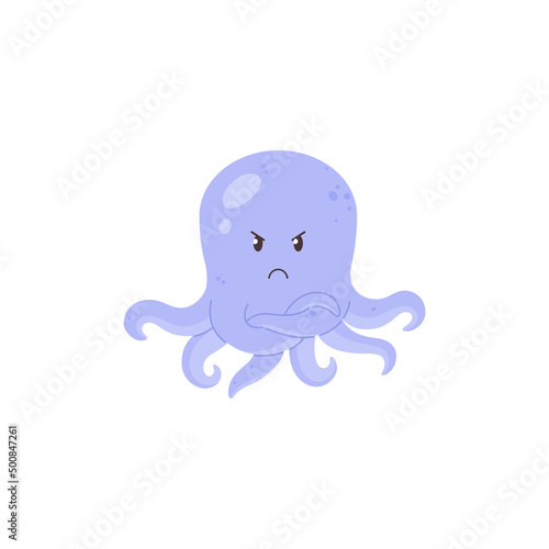 Funny octopus with angry comic face  flat cartoon vector illustration isolated.