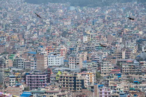 Kathmandu, Nepal- April 20,2022 : Panoramic top view of Katmandu city from Swayambhunath stupa.