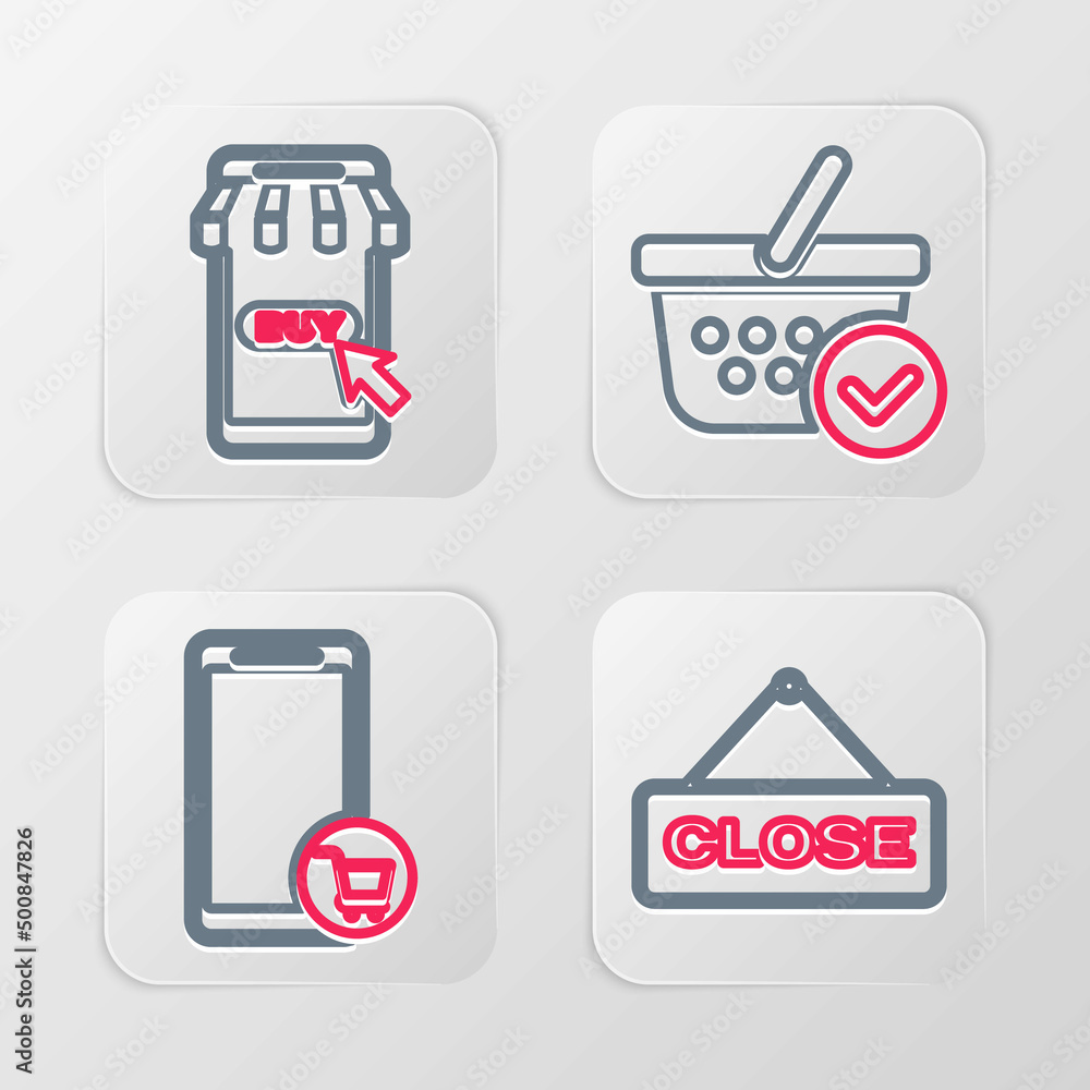 Set line Hanging sign with Close, Mobile and shopping cart, Shopping basket check mark and icon. Vector Set line Hanging sign with Close, Mobile and shopping cart, Shopping basket check mark and icon. Vector