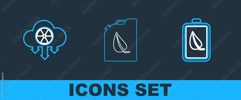 Set line Eco nature leaf and battery, Acid rain radioactive cloud and Bio fuel canister icon. Vector Set line Eco nature leaf and battery, Acid rain radioactive cloud and Bio fuel canister icon. Vector