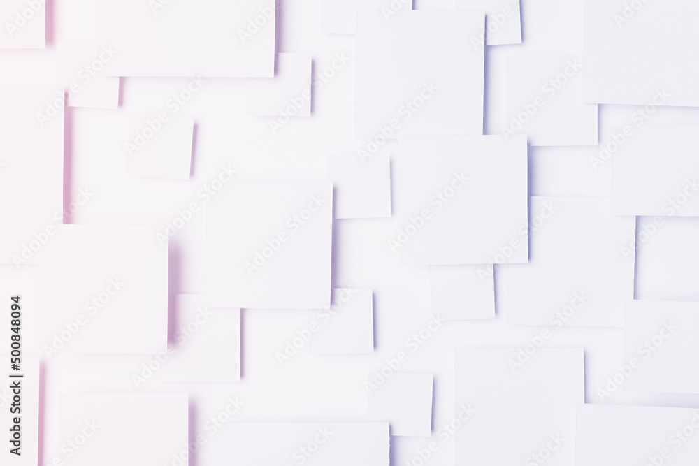Abstract geometric background with flying squares - light pastel pattern in trendy colors -  very peri, purple, pink with soft shadows, top view. Gentle romantic backdrop in minimal style.