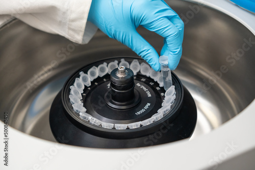 Photos Scientist puts microcentrifuge tubes into centrifuge for phase separation
