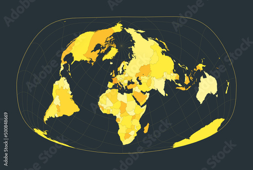 World Map. Jacques Bertin's 1953 projection. Futuristic world illustration for your infographic. Bright yellow country colors. Charming vector illustration.