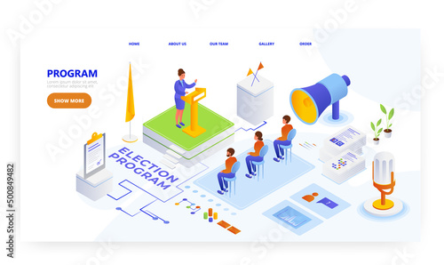 Election program, landing page design, website banner vector template. Woman politician giving speech behind the rostrum