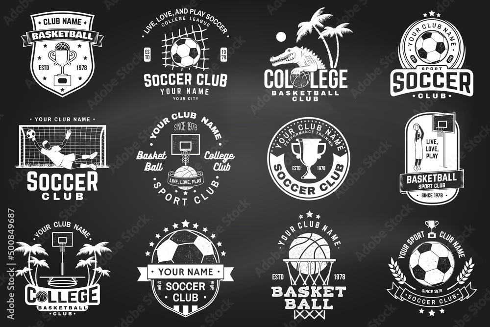 Obraz premium Set of soccer, football and basketball club badge on chalkboard. Vector. Concept for shirt, print, stamp or tee. Vintage design with soccer, football player, basketball player, hoop and ball