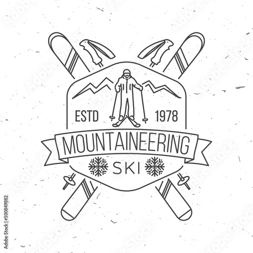 Mountaineering ski badge. Vector ski club retro badge. Concept for alpine club shirt or logo, print, stamp or tee. Vintage line art design with mountain silhouette and skier. Family vacation, activity