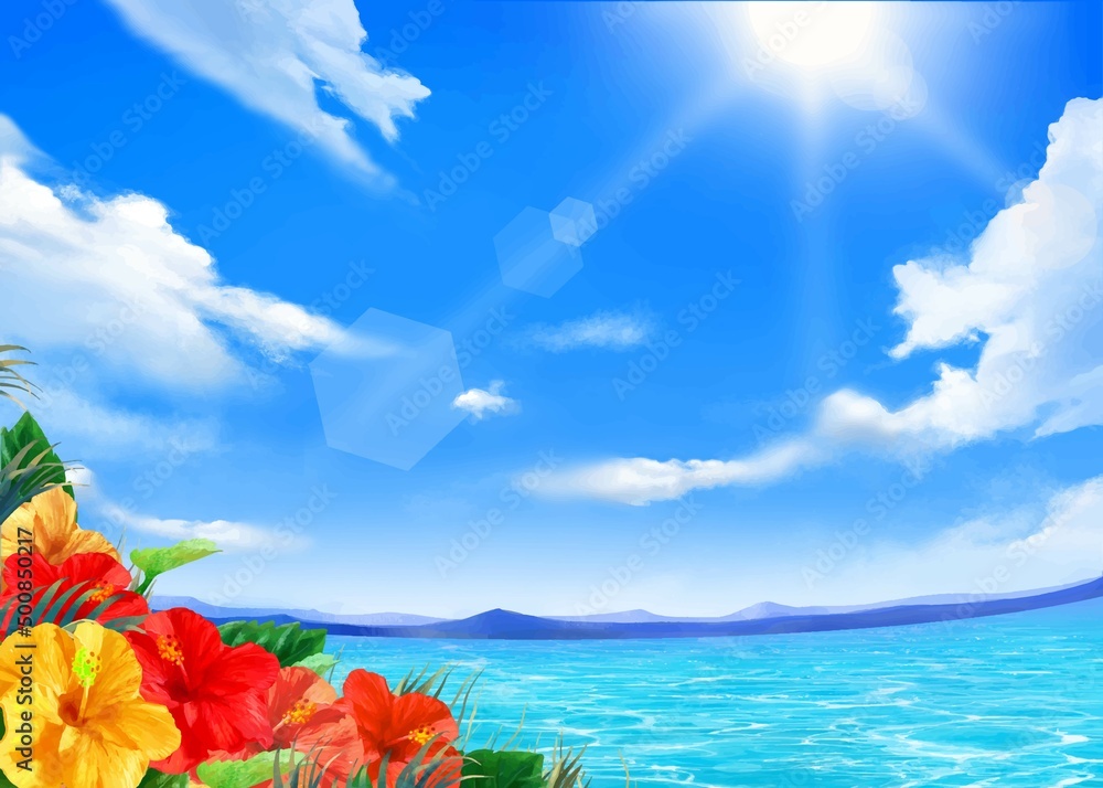 太陽の光差し込む青い空の下 美しい海沿いに夏の葉っぱとハイビスカスの咲く夏のおしゃれフレーム背景素材 Stock Vector Adobe Stock