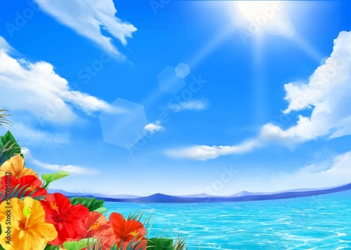 太陽の光差し込む青い空の下、美しい海沿いに夏の葉っぱとハイビスカスの咲く夏のおしゃれフレーム背景素材
