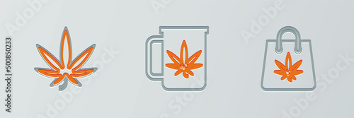 Set line Shopping bag of marijuana, Marijuana or cannabis leaf and Cup tea with icon. Vector