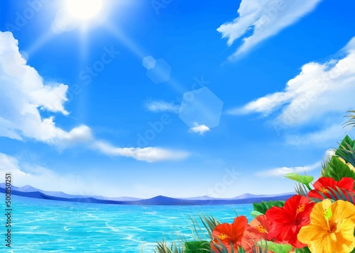 太陽の光差し込む青い空の下、美しい海沿いに夏の葉っぱとハイビスカスの咲く夏のおしゃれフレーム背景素材
