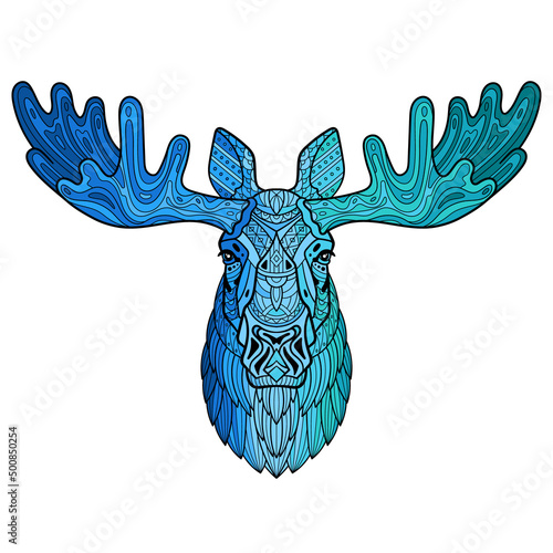 Elk. Moose. Head of a horned elk. Hand-drawn moose portrait. Sketch graphics illustration on white background. Patterned head of an adult animal. Full face. Ethnic motifs. Vector illustration