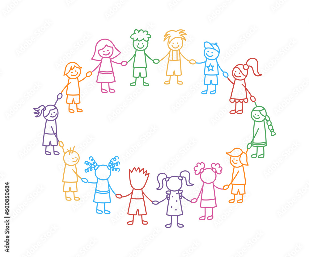 Happy doodle stick children holding hands. Hand drawn funny kids in circle. International friendship concept. Doodle children community. Vector linear illustration isolated on white background. Happy doodle stick children holding hands. Hand drawn funny kids in circle. International friendship concept. Doodle children community. Vector linear illustration isolated on white background.