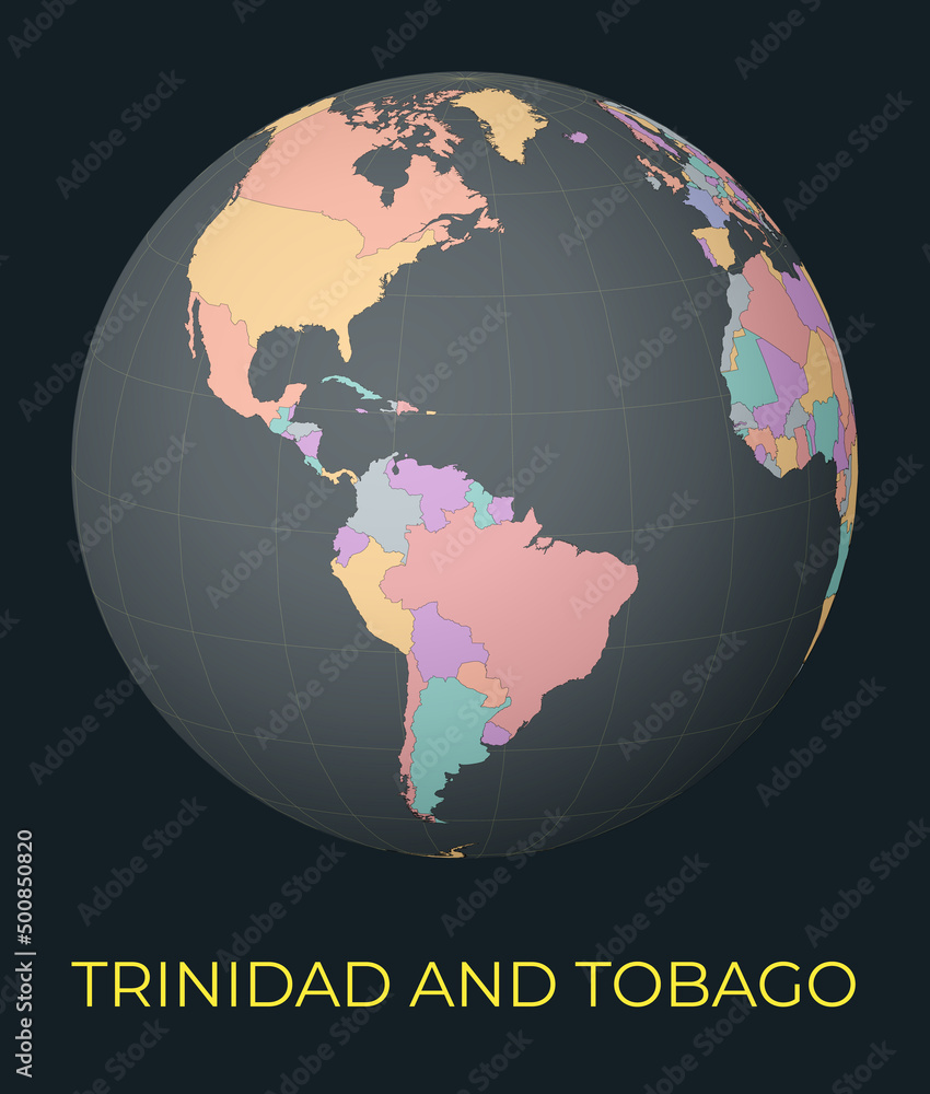 World map centered to Trinidad and Tobago. Red country highlighted. Satellite world view centered to country with name. Vector Illustration.