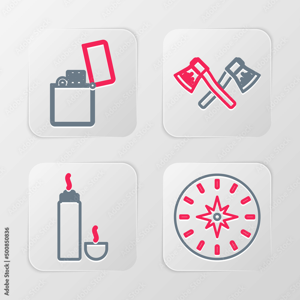 Set line Compass, Thermos container, Crossed wooden axe and Lighter icon. Vector Set line Compass, Thermos container, Crossed wooden axe and Lighter icon. Vector