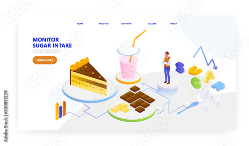 Monitor sugar intake, landing page design, website banner vector template. Track sugar consumption. Health care.