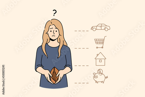 Unhappy confused woman with empty wallet think of monthly payment. Frustrated female distressed with bills and taxes pay suffer from financial crisis or debt. Bankruptcy. Vector illustration. 