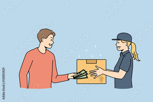 Man client pay cash to female courier delivering package by post. Male customer receive postal parcel order online from postman. Express delivery and shipping concept. Vector illustration. 